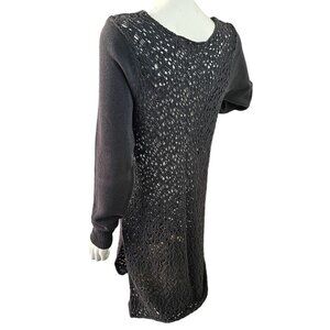 Heather B Open Knit Tunic Sweater Womens Sz L Long Slv Scoop Neck Slit Hem Gray